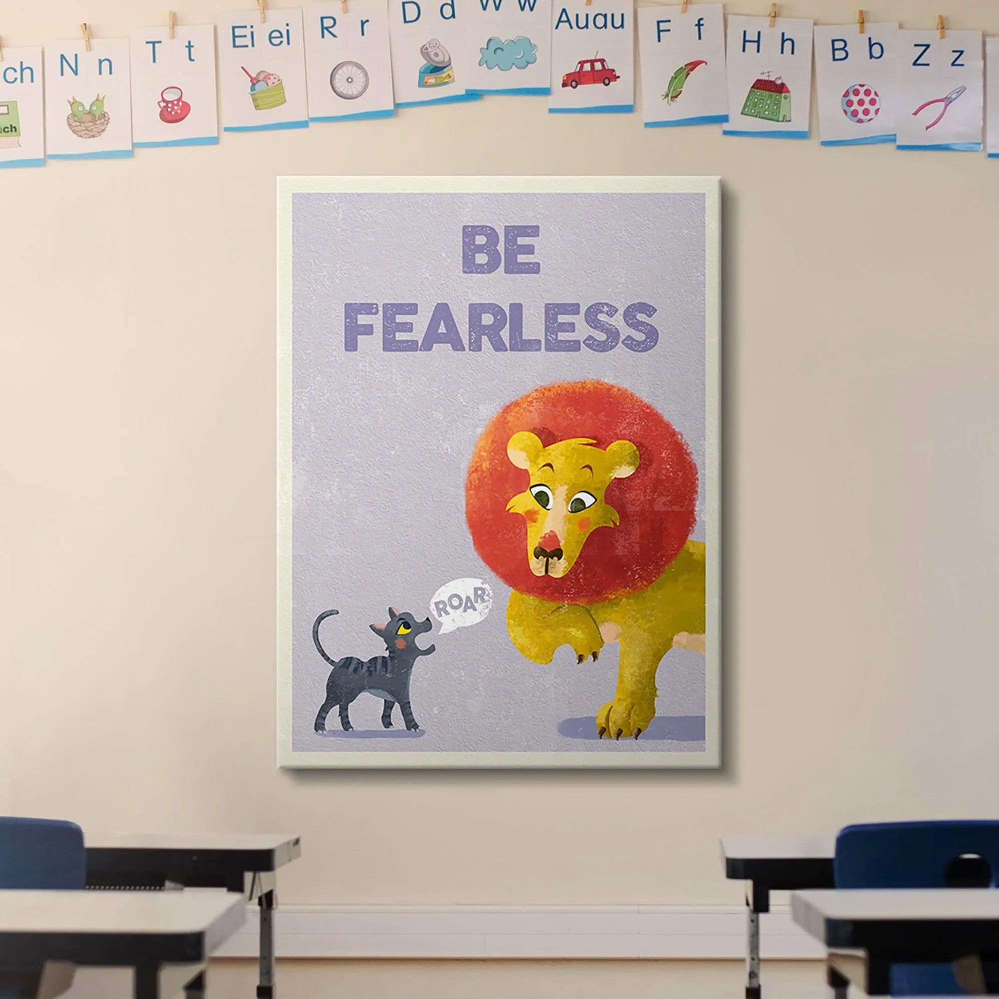 Detail of the friendly yellow cartoon lion with the bright red mane featured in the Kids Be Fearless design.