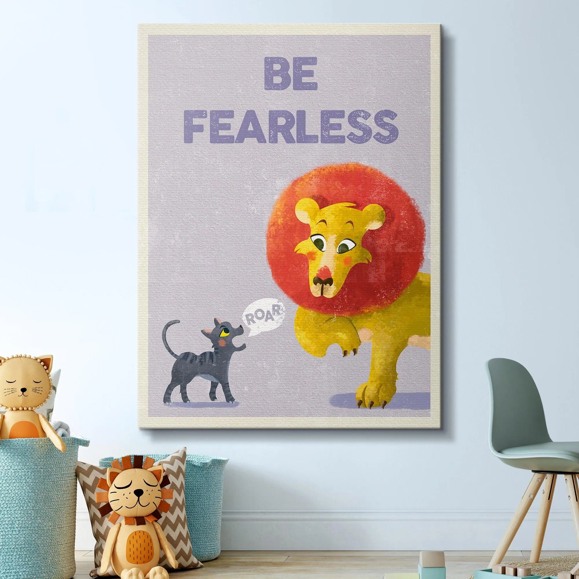 The small black kitten saying 'ROAR' depicted in the lower corner of the whimsical Kids Be Fearless artwork.