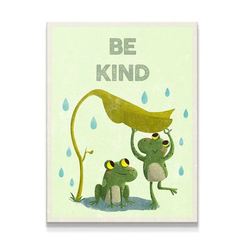 Full vertical view of the Kids Be Kind poster showing two green frogs sheltering under a leaf umbrella.