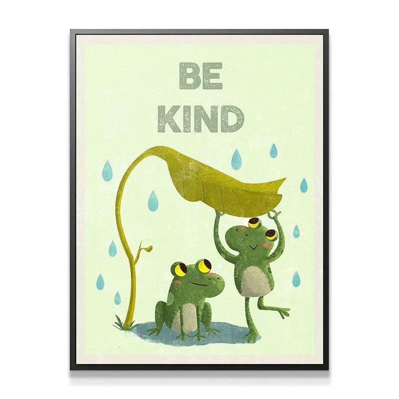 Close-up of the painted texture and watercolor style used on the friendly frogs promoting Kids Be Kind.