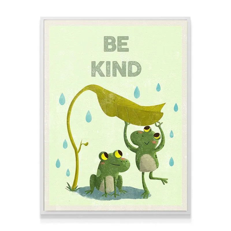 Detailed shot of the mint green background and blue raindrops on the Kids Be Kind illustration.