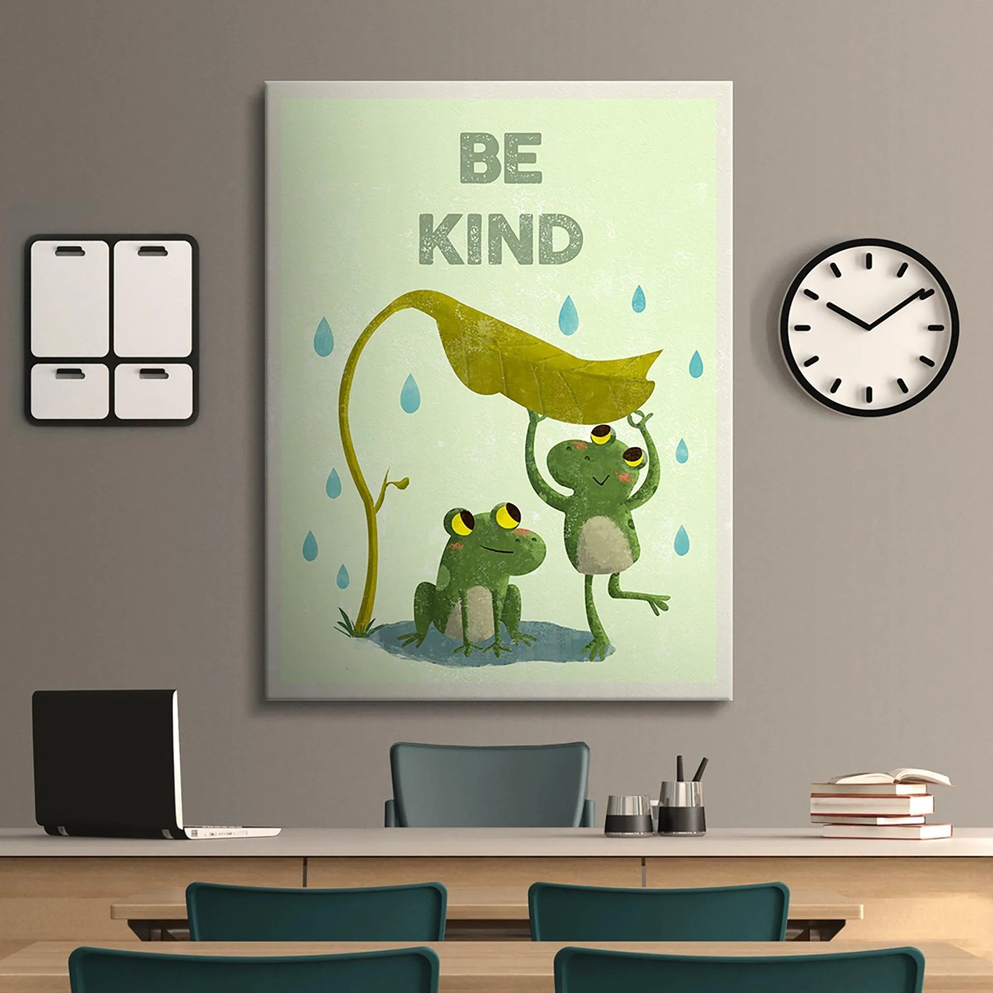 High-angle perspective showing the large green leaf protecting the frogs, emphasizing the Kids Be Kind message.