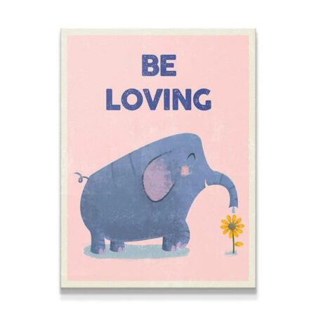 Full view of the adorable blue elephant 'Kids Be Loving' print on a soft pink background.