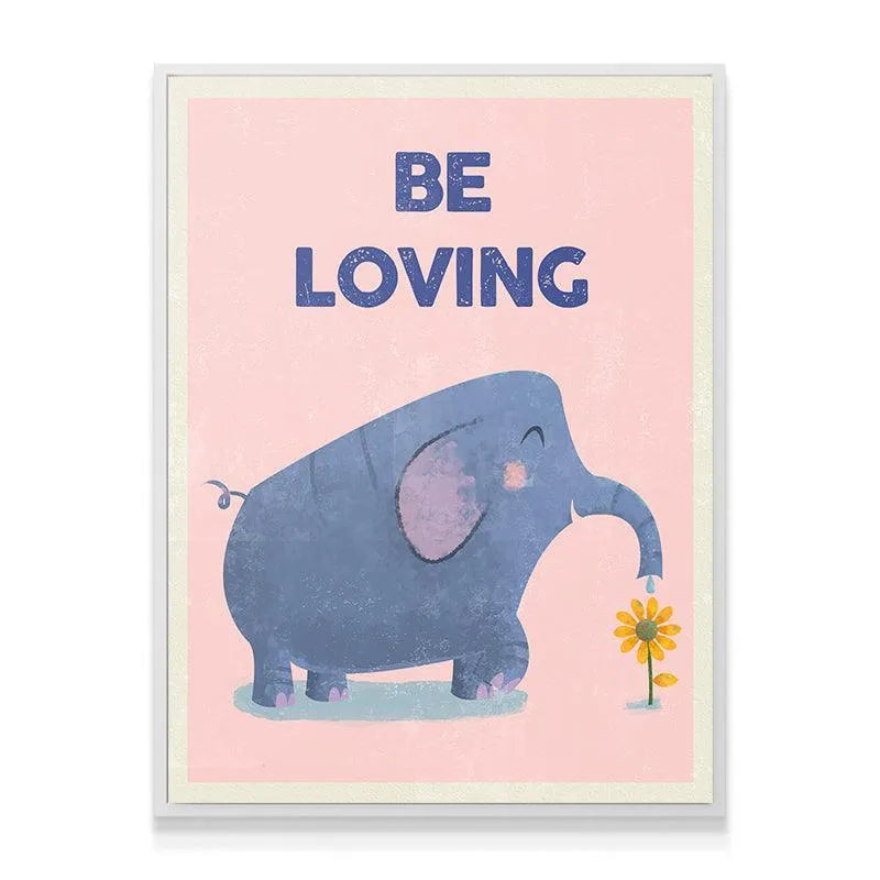 Detail of the distressed texture and lettering that reads "BE LOVING" in the 'Kids Be Loving' artwork.