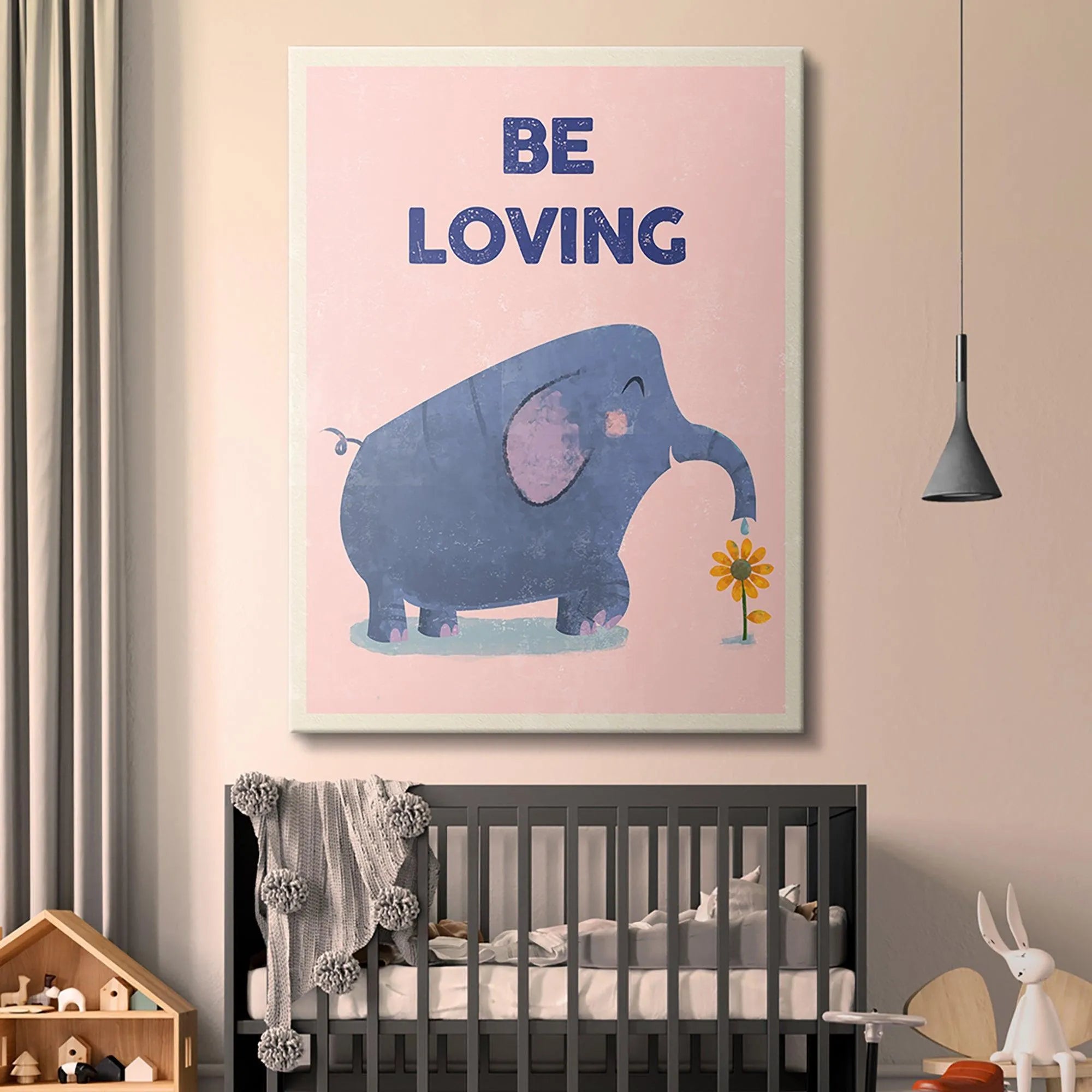 Angled shot showcasing the vivid blue elephant and yellow flower detail in the 'Kids Be Loving' print.