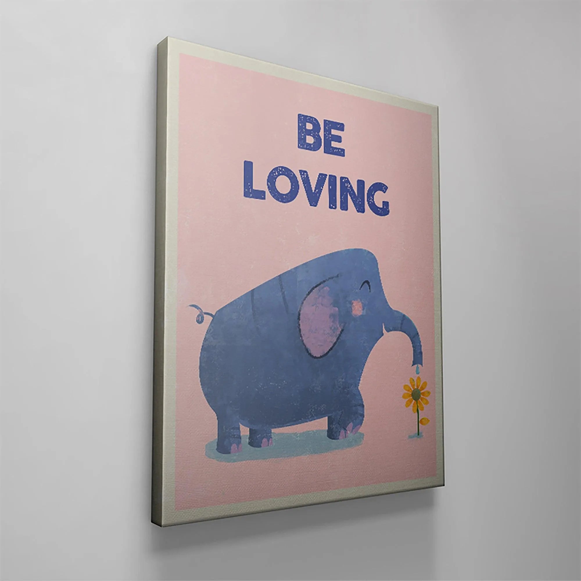 Macro detail of the elephant's smiling face and large ear, emphasizing the sweetness of 'Kids Be Loving'.
