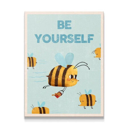 Full view of the motivational Kids Be Yourself art print featuring multiple cheerful cartoon bees flying on a light blue background.