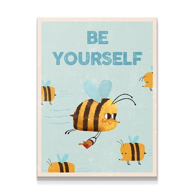 Full view of the motivational Kids Be Yourself art print featuring multiple cheerful cartoon bees flying on a light blue background.