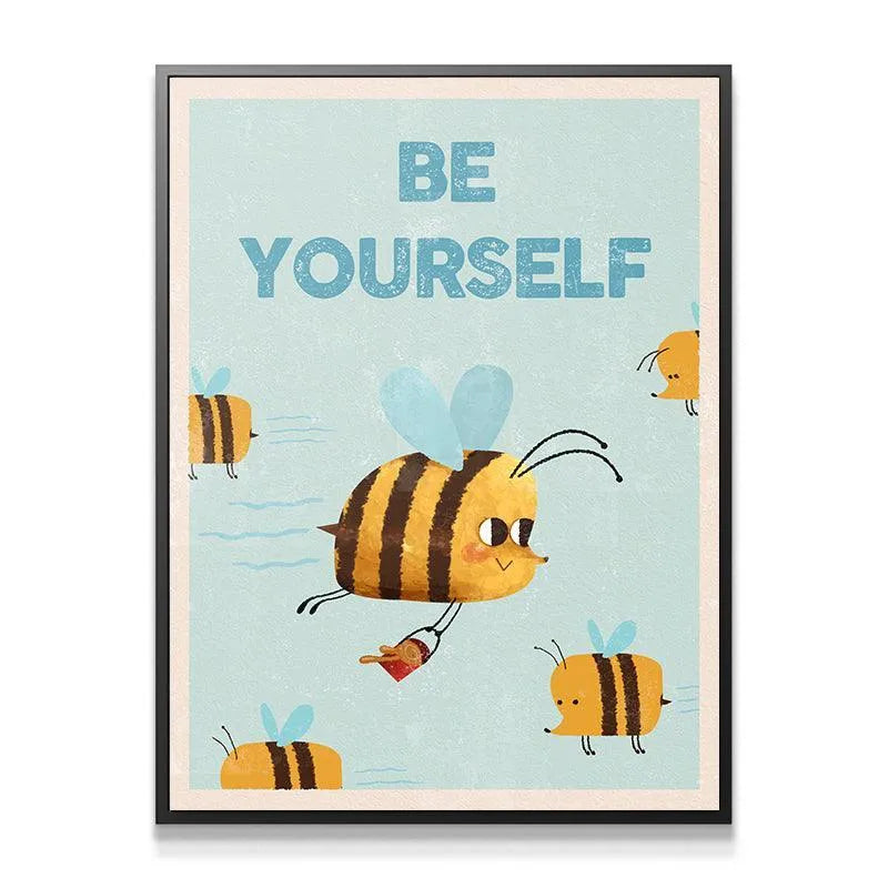 Close-up detail showing the subtle texture and soft blue background of the Kids Be Yourself wall decor.