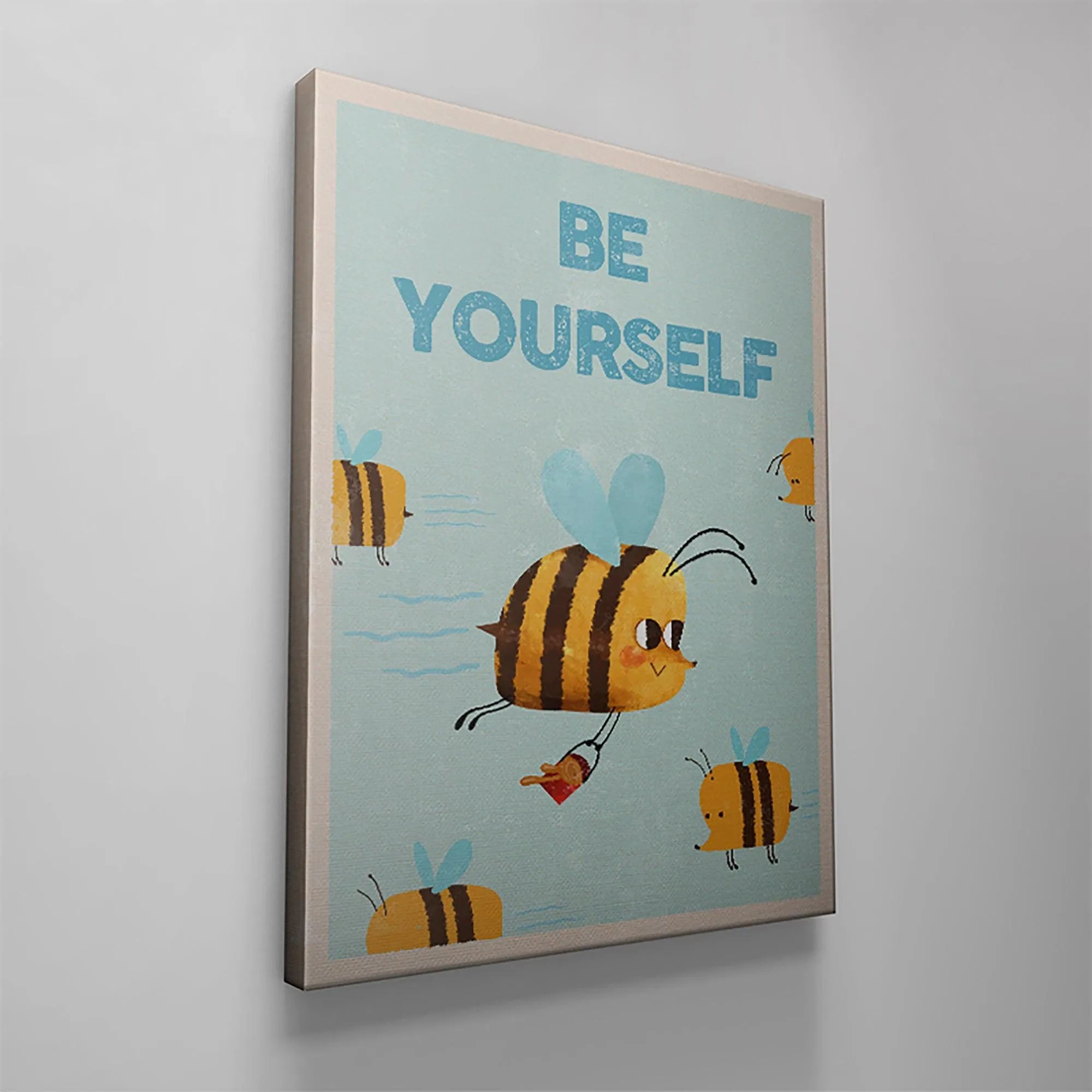 Detailed perspective highlighting the distressed block typography of the 'BE YOURSELF' text on the Kids Be Yourself print.