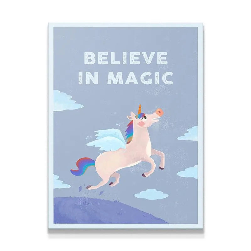 Close-up of the pastel pink unicorn featuring the rainbow mane, affirming that Kids Believe In Magic.