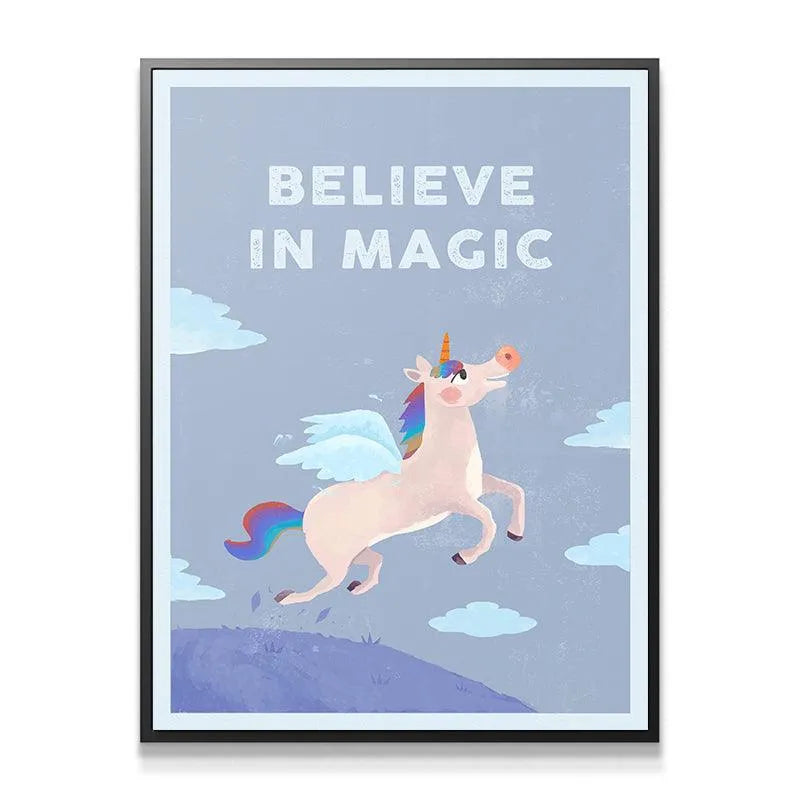 Full view of the inspirational art print "Believe In Magic" shown mounted on a nursery wall, proving Kids Believe In Magic.