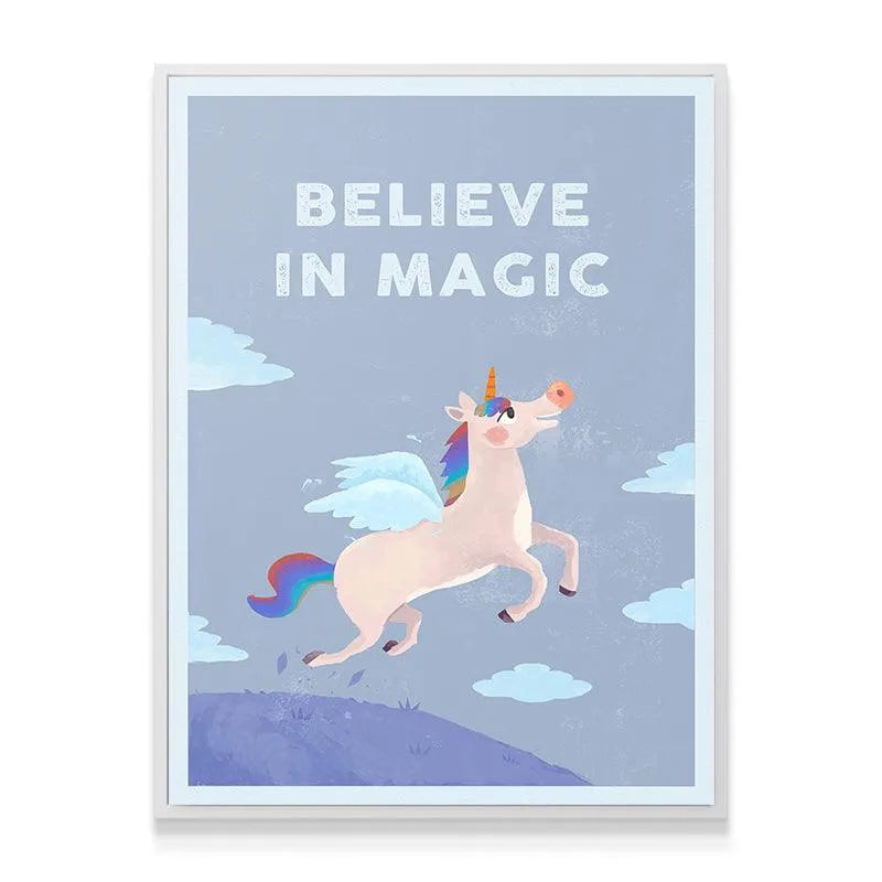 Textured surface detail of the print displaying the flying unicorn illustration, confirming Kids Believe In Magic.