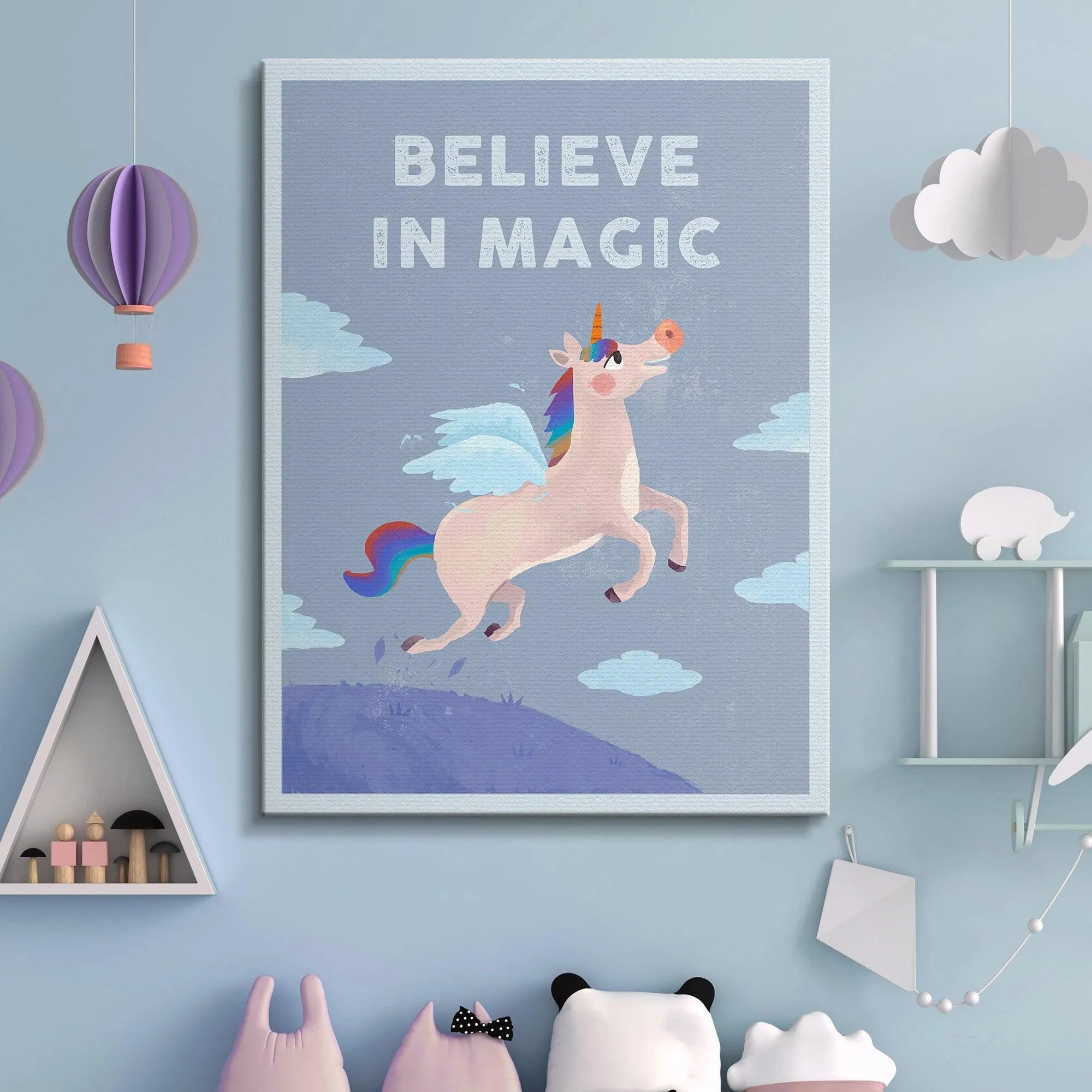 Side angle view of the vibrant colors and detailed purple hills in the artwork, understanding why Kids Believe In Magic.