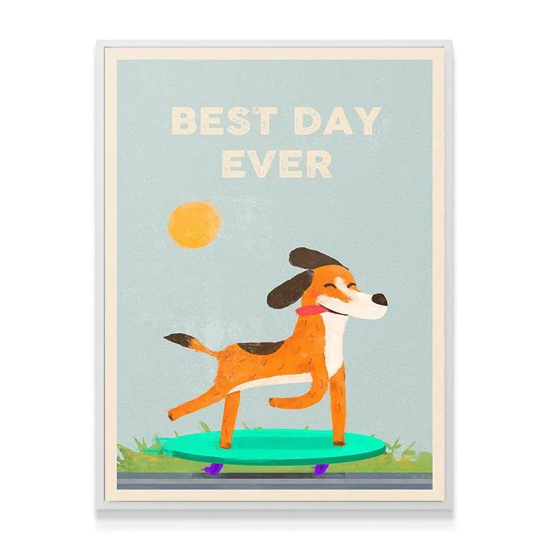 Angled shot of the whimsical poster featuring the skating dog, capturing the Kids Best Day Ever vibe.