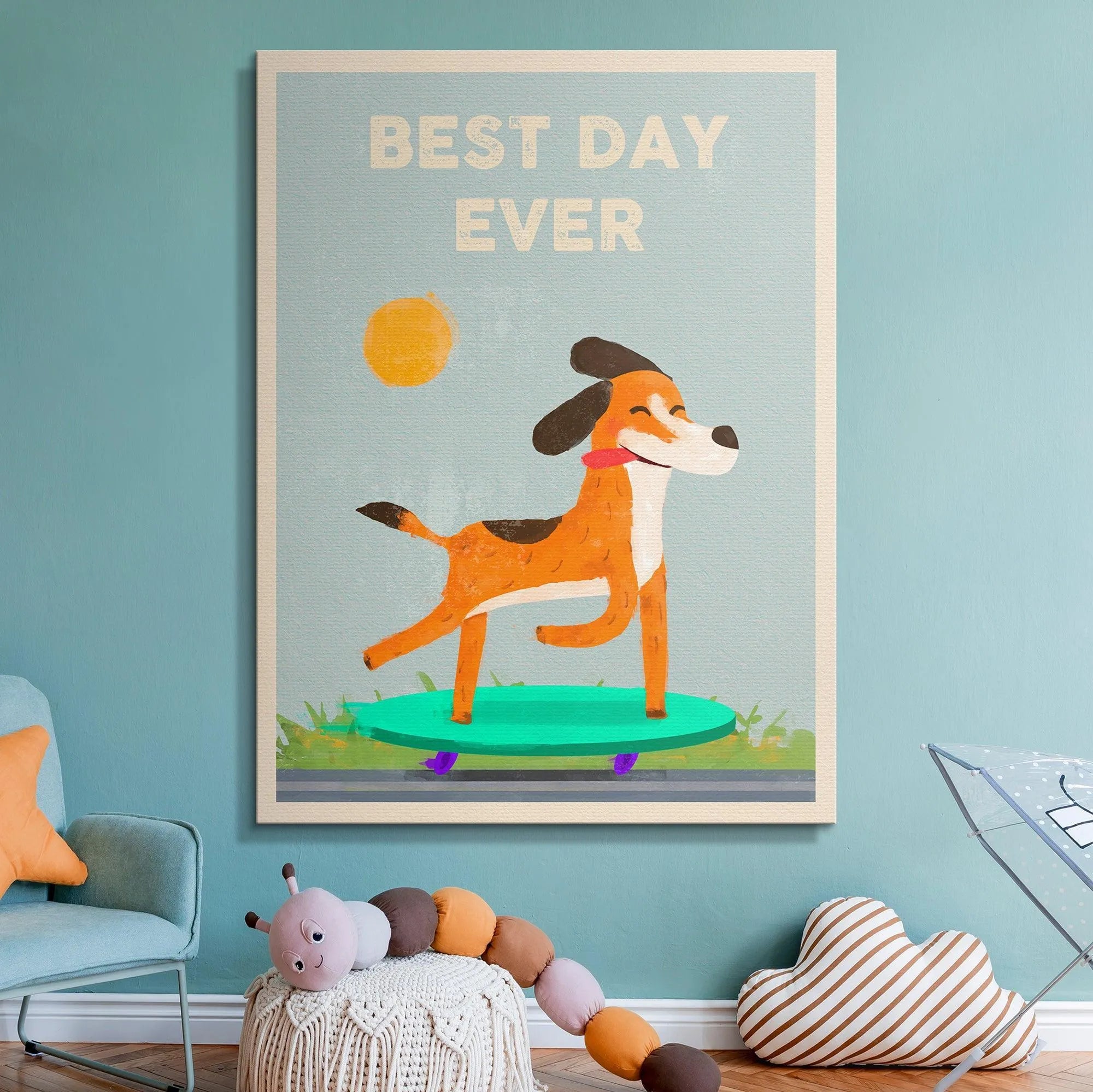 Lifestyle view of the Kids Best Day Ever print hanging in a bright, modern children's bedroom.