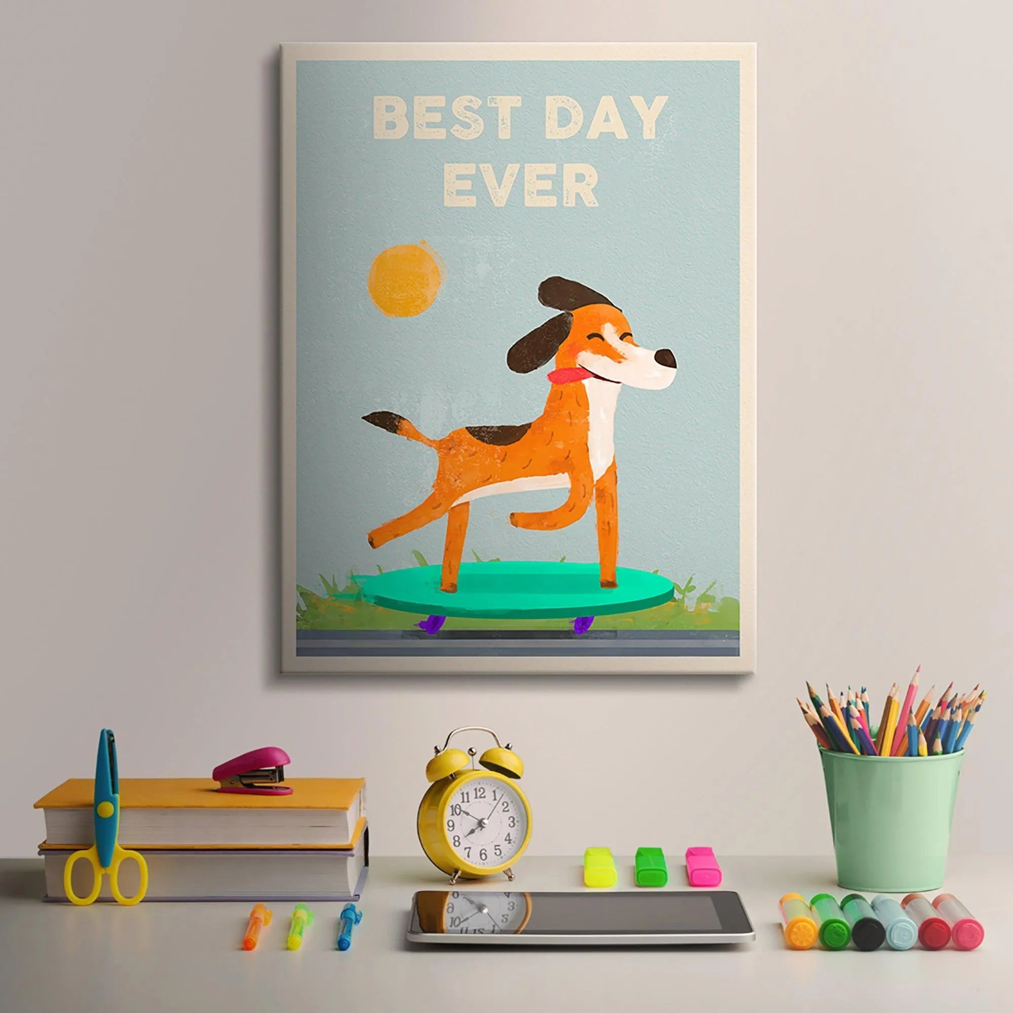 Detail of the smiling orange and white dog wearing a red collar, representing the Kids Best Day Ever joy.