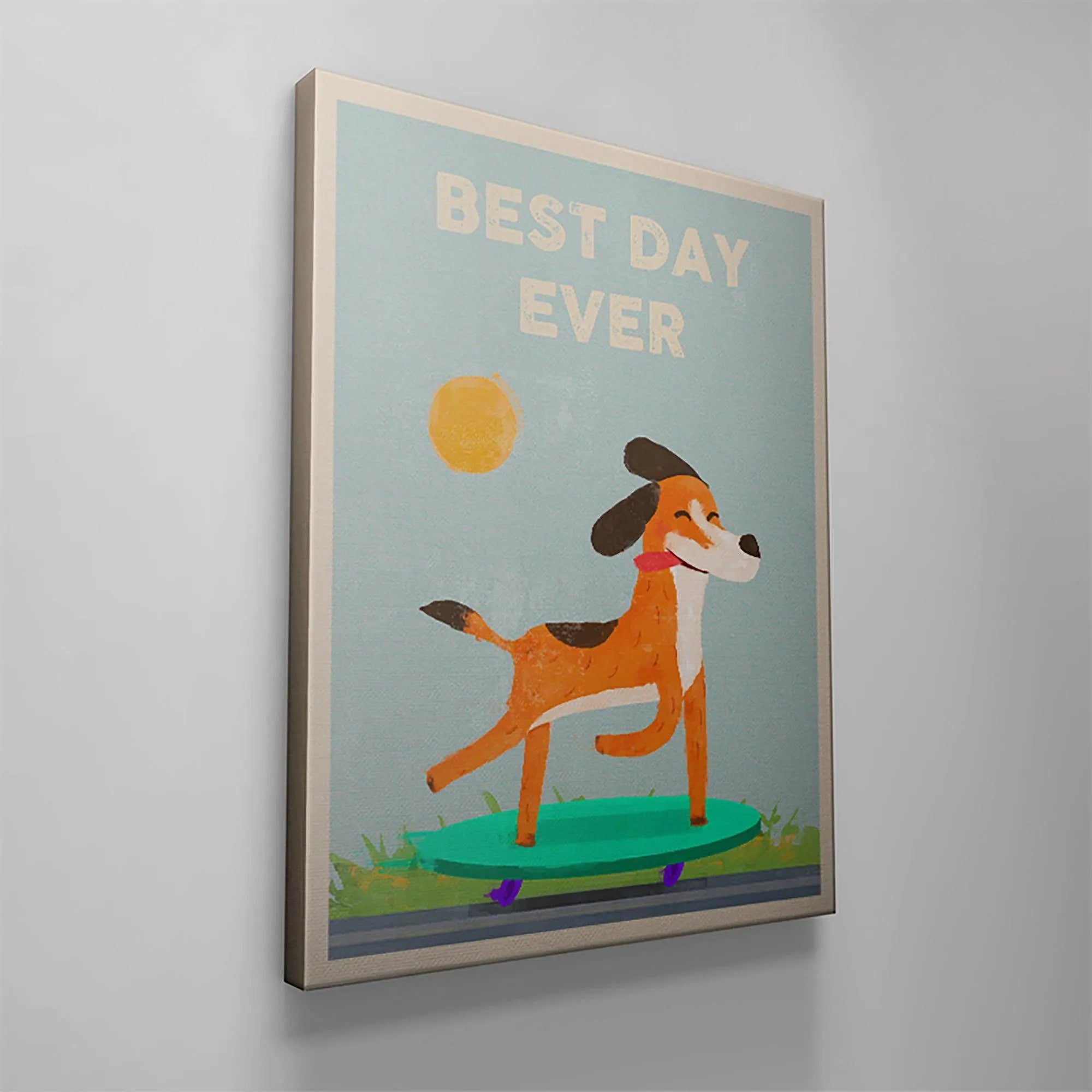 The bright yellow sun and pale blue background aesthetic of the Kids Best Day Ever art print.