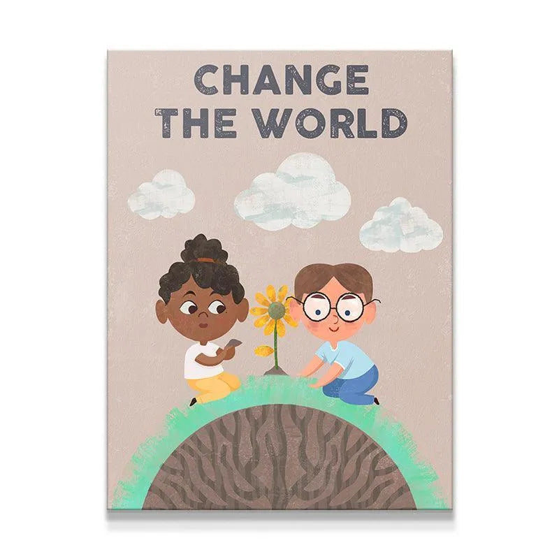 Close-up of children's faces tending the sunflower, illustrating how Kids Change The World together through teamwork.
