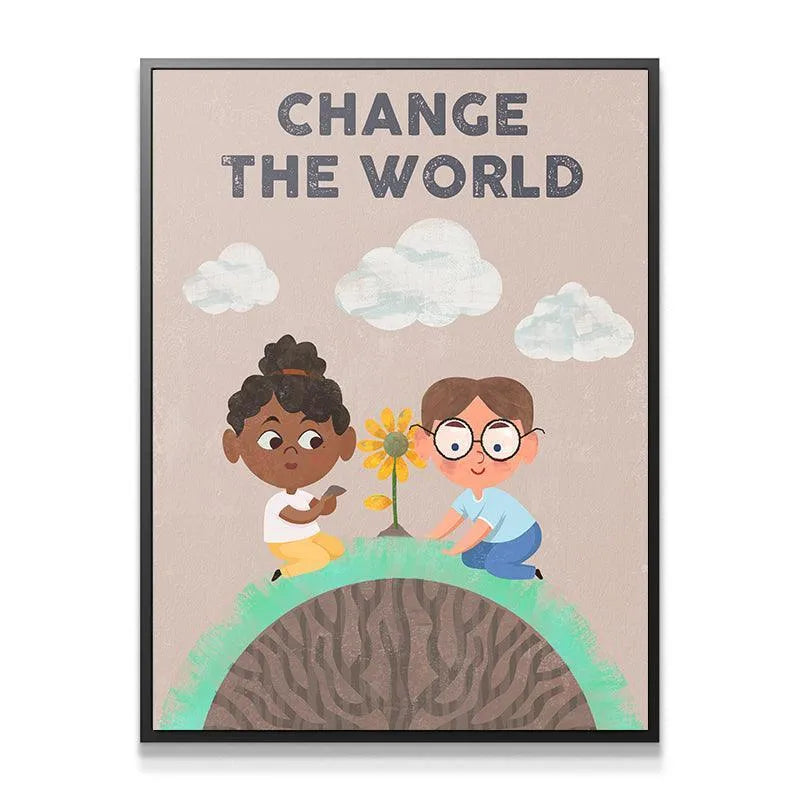 Full vertical view of the textured canvas print demonstrating that Kids Change The World through kindness and care.