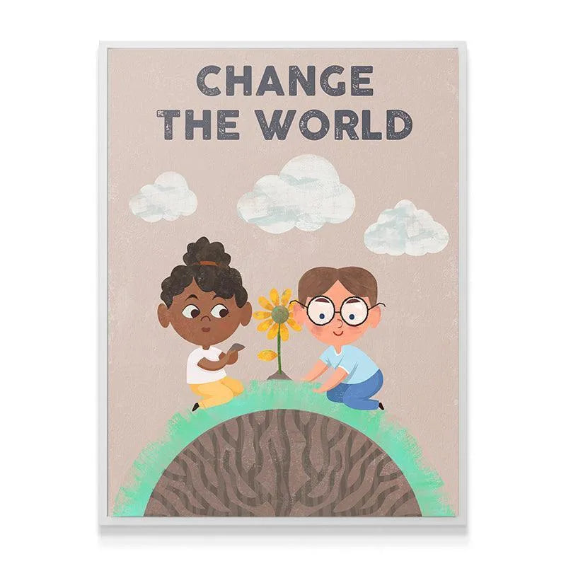 Lifestyle shot of the poster framed in a bright classroom setting, reminding students that Kids Change The World positively.