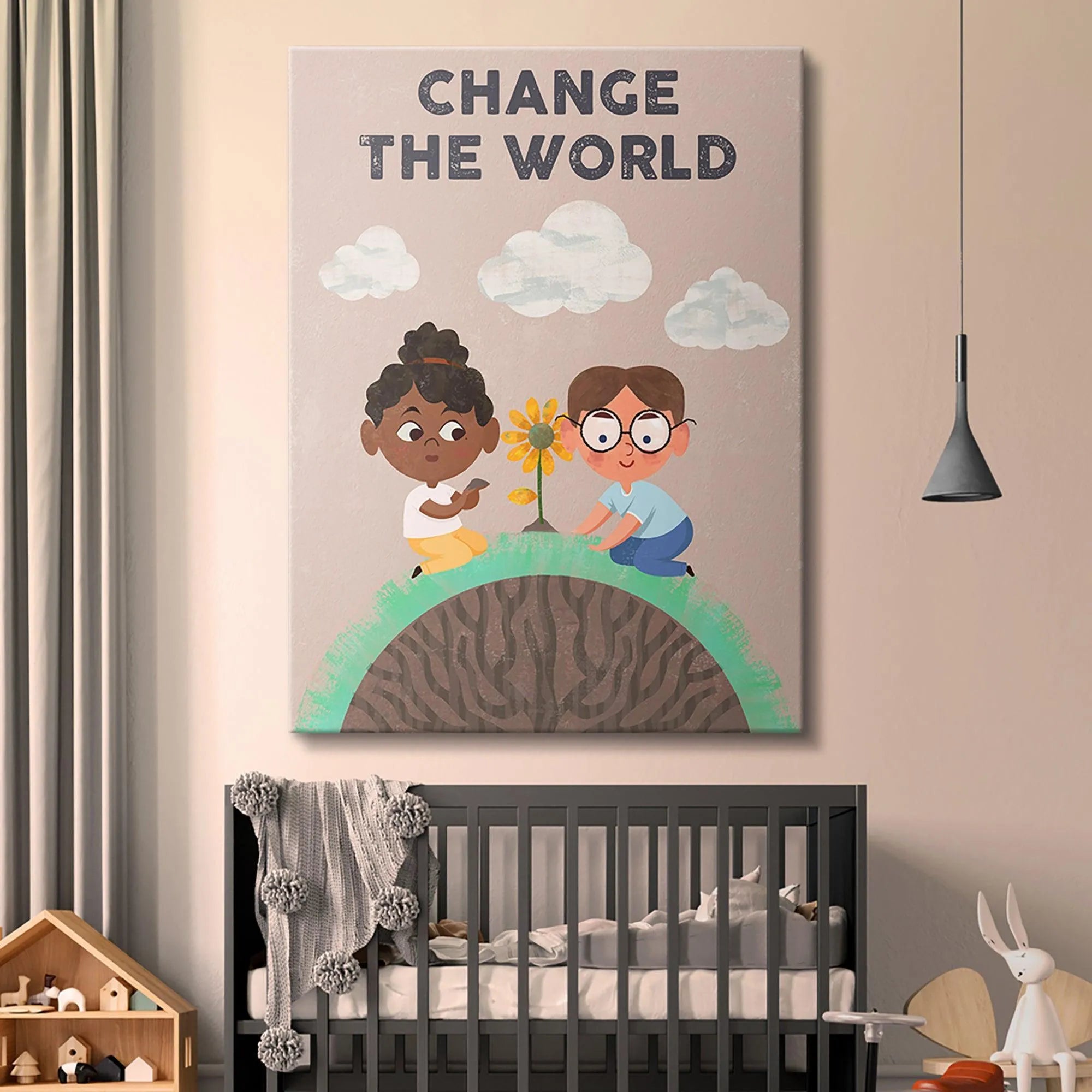 Detail shot showing the watercolor-like texture of the clouds and background of the 'Kids Change The World' poster.