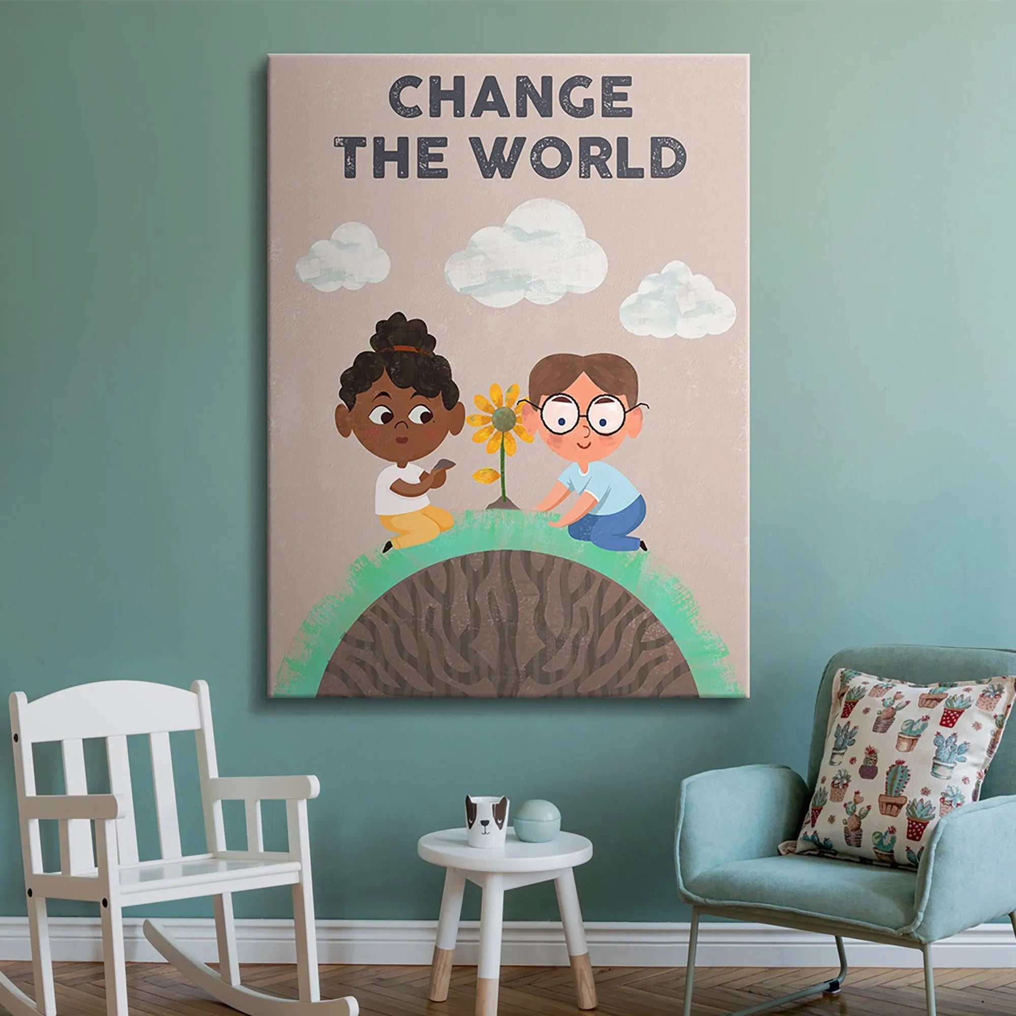 High-angle view of the two diverse characters kneeling to plant, proving that Kids Change The World with effort and dedication.