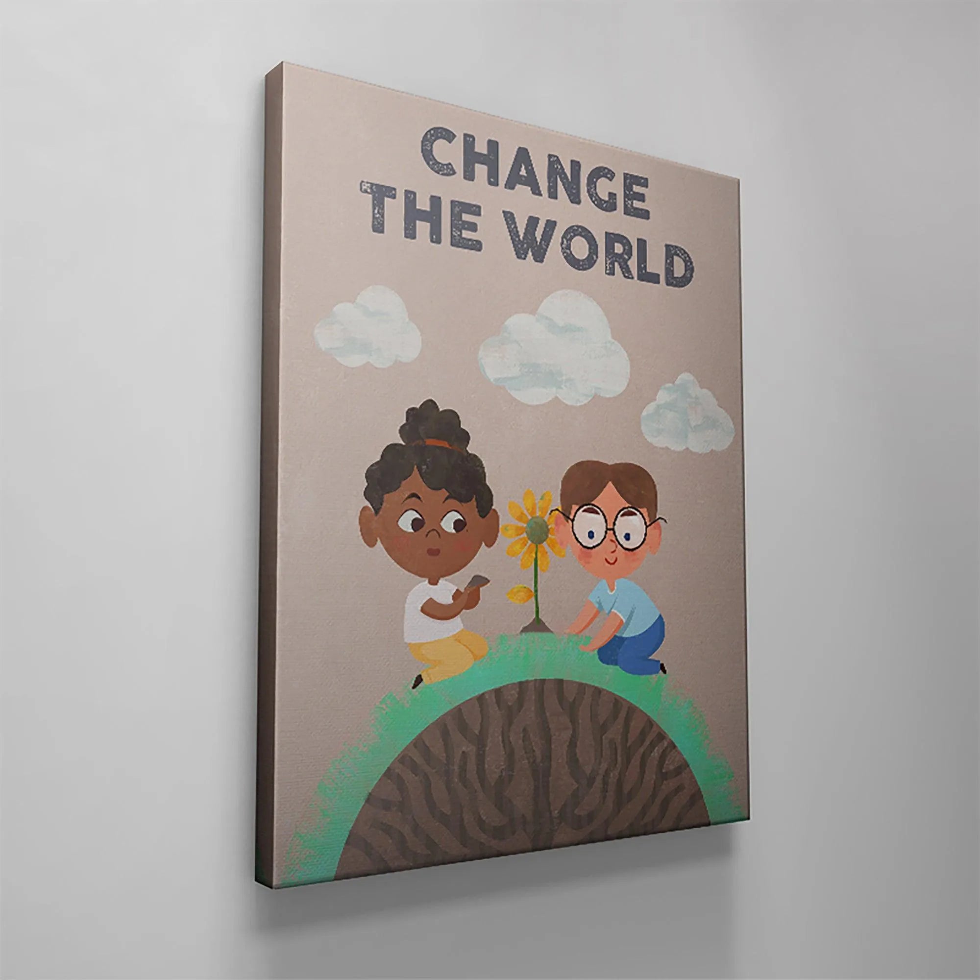 Edge-to-edge depiction focusing on the bold 'CHANGE THE WORLD' typography above the illustration, emphasizing the message.