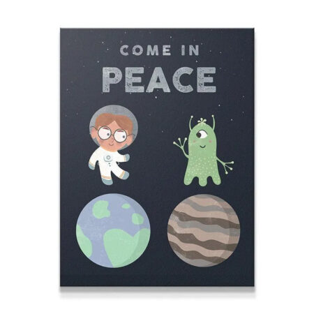 Full view of the 'Kids Come In Peace' cosmic poster featuring an astronaut, green alien, and two colorful planets.