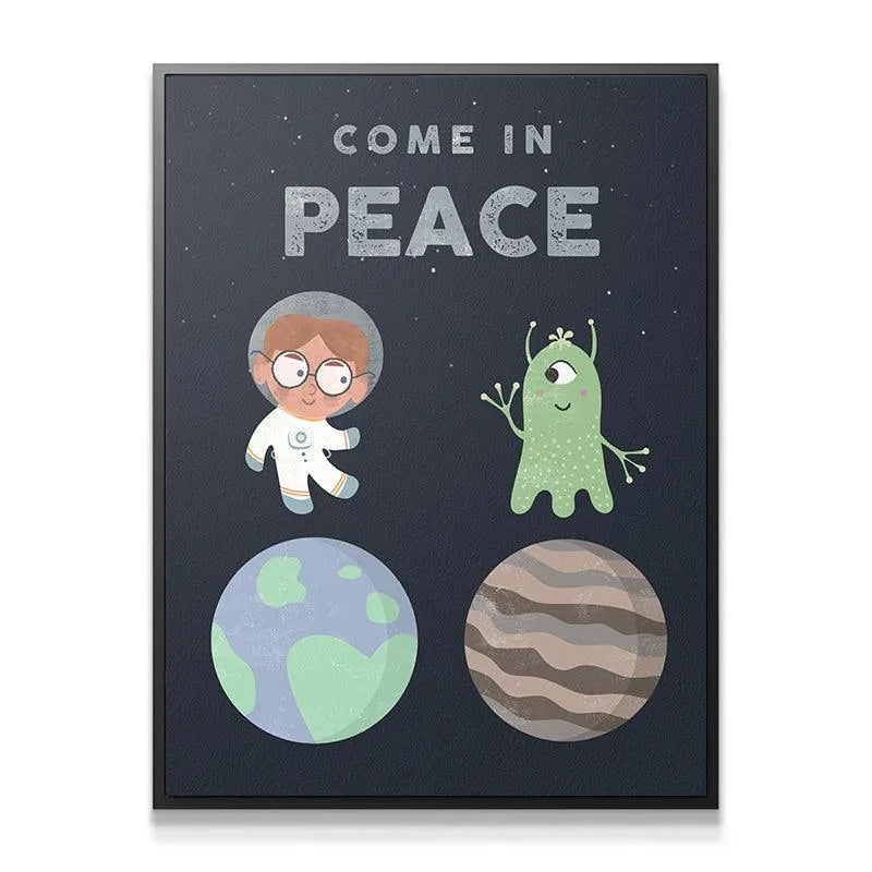 Close-up detail of the friendly, one-eyed green alien character raising its hand on the 'Kids Come In Peace' space print.