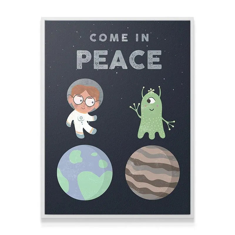 Textured surface view showing the paper quality and matte finish of the 'Kids Come In Peace' illustration against a dark background.
