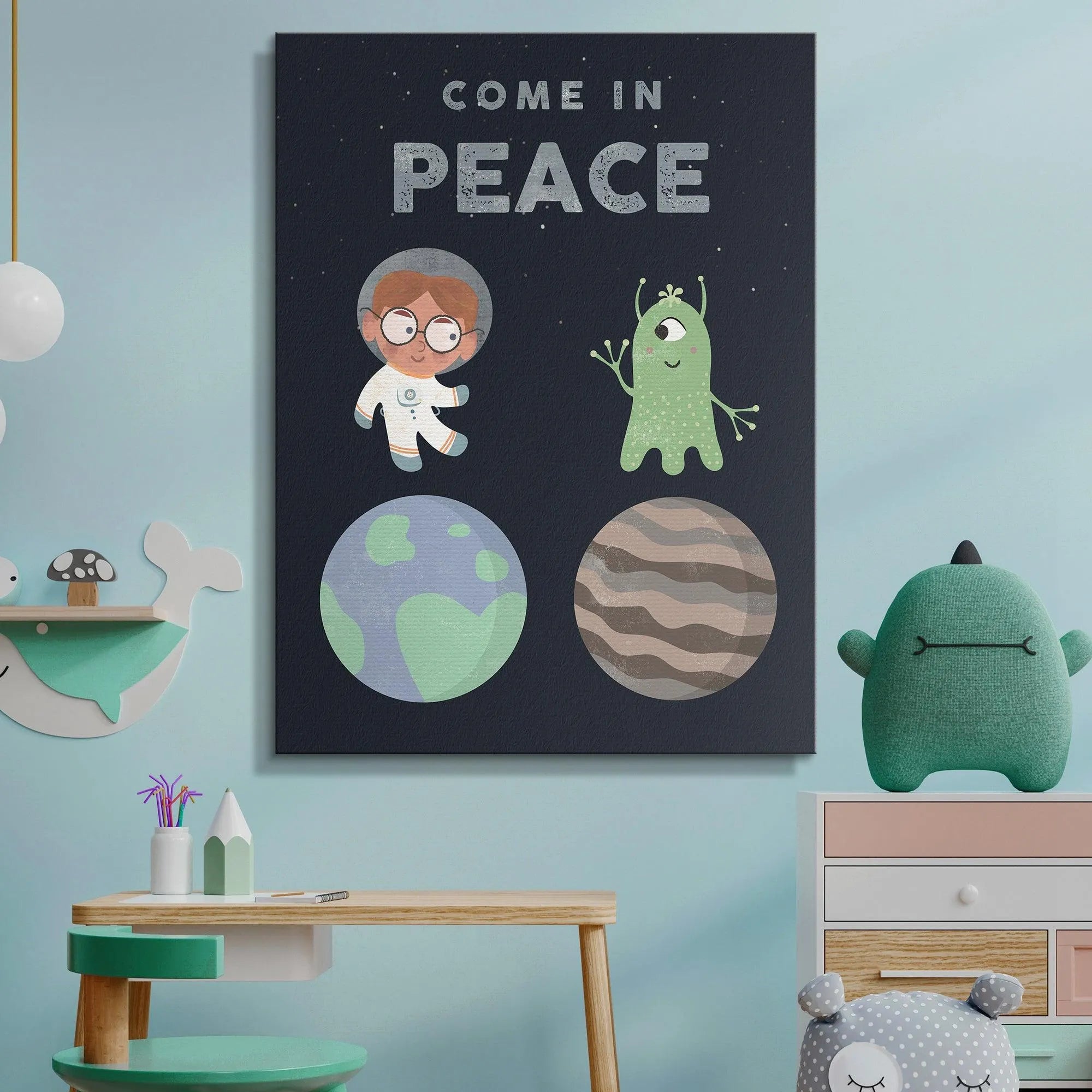 Low angle perspective capturing the contrast between the deep space background and the bright, smiling characters in 'Kids Come In Peace'.