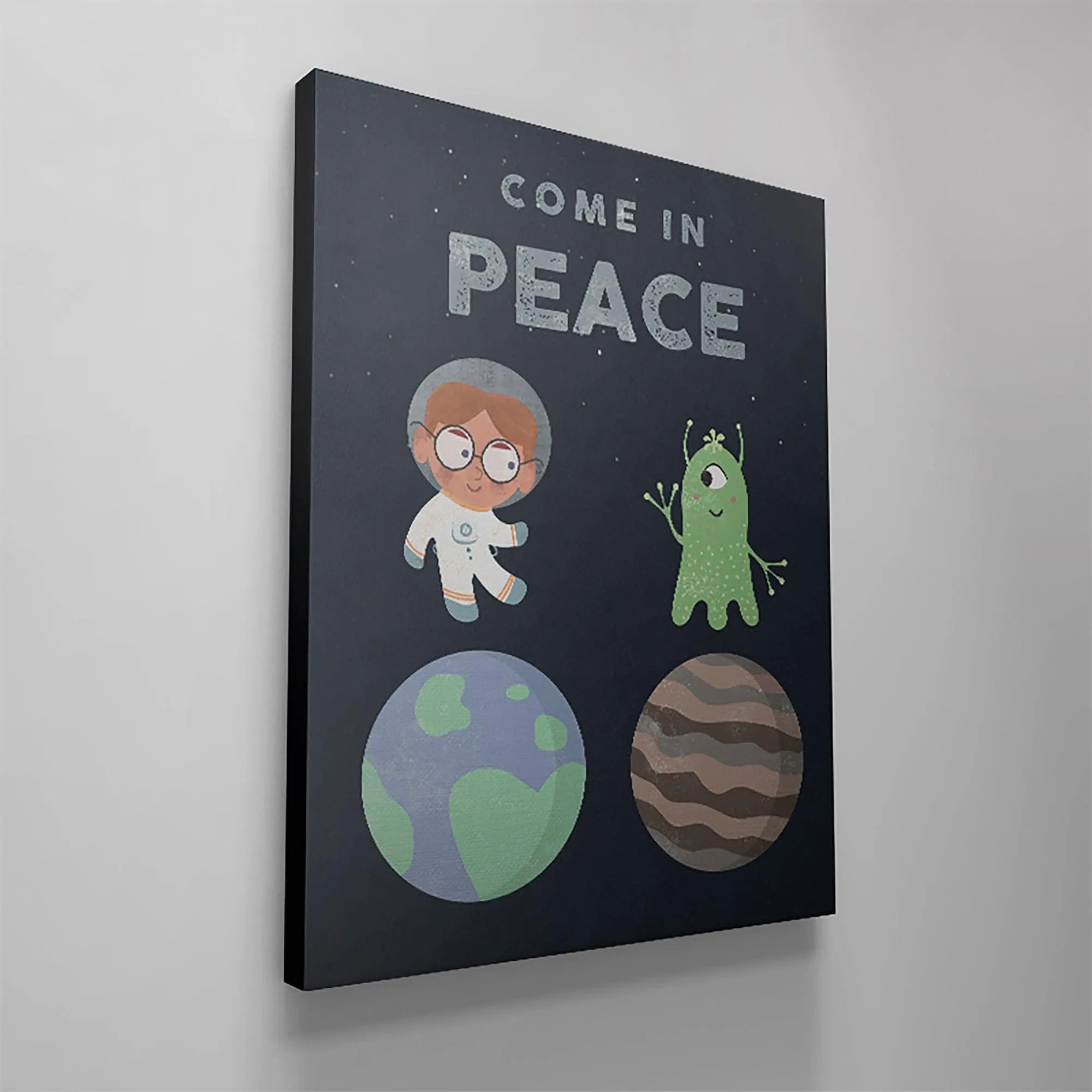Detailed crop focusing on the child astronaut wearing glasses and a helmet from the center of the 'Kids Come In Peace' design.