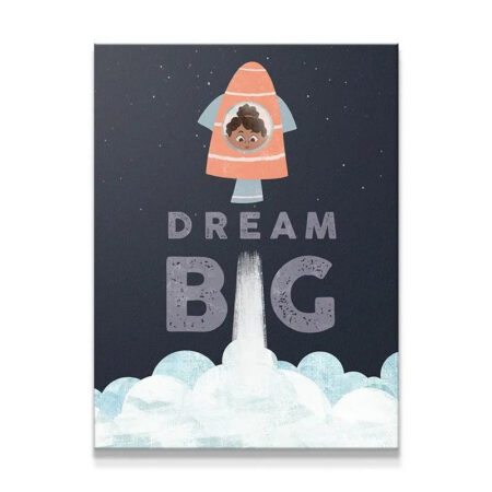 Full view of motivational rocket poster that says Kids Dream Big, launching from cloud base.