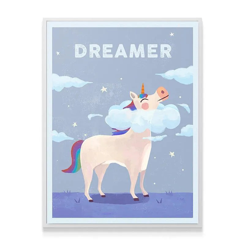 Angled shot highlighting the vibrant rainbow tail and mane detail of the Kids Dreamer artwork.