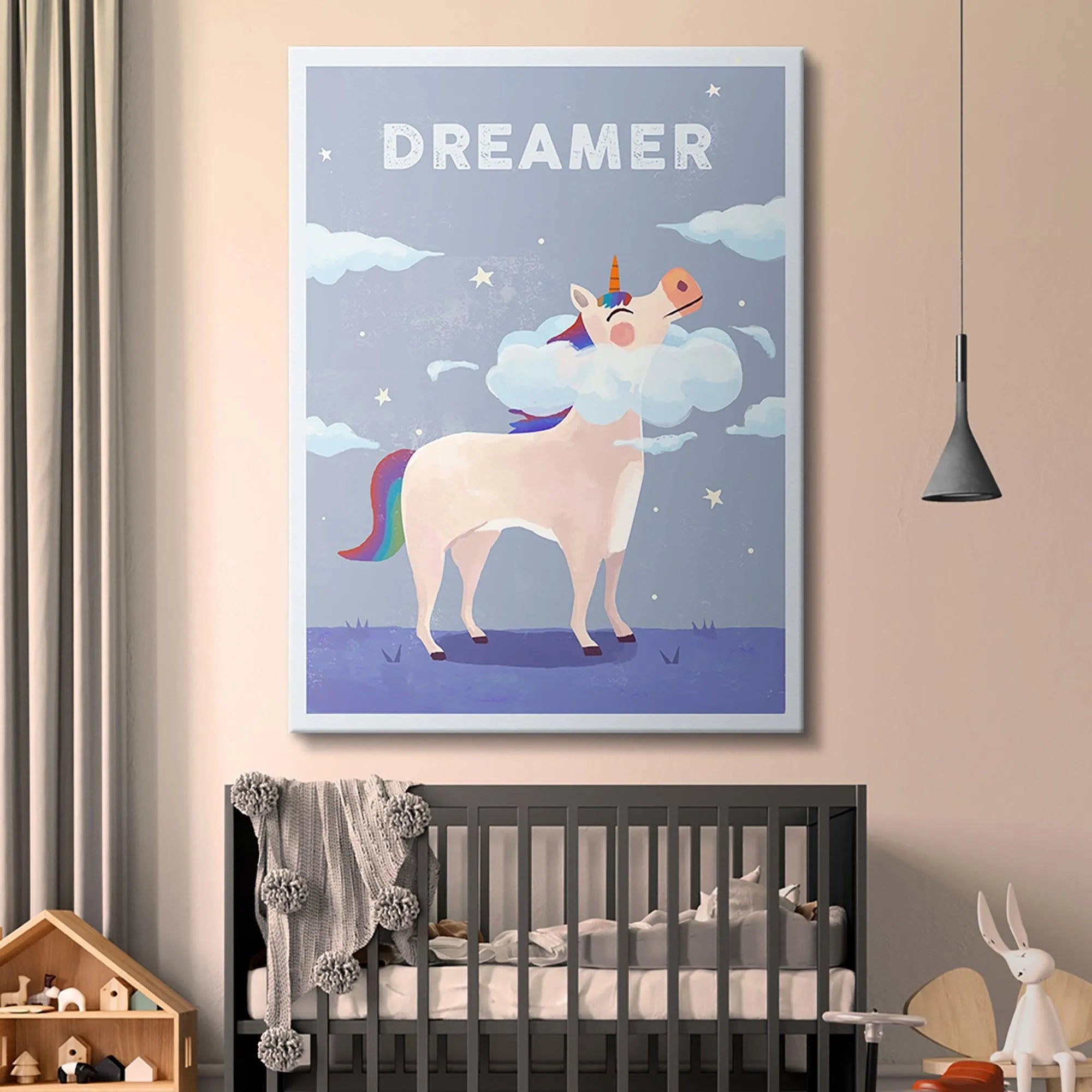 Detailed crop focusing on the golden horn and smiling, rosy-cheeked face of the Kids Dreamer unicorn illustration.