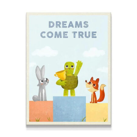 Full view of the winning turtle holding a trophy on the podium, symbolizing Kids - Dreams Come True.