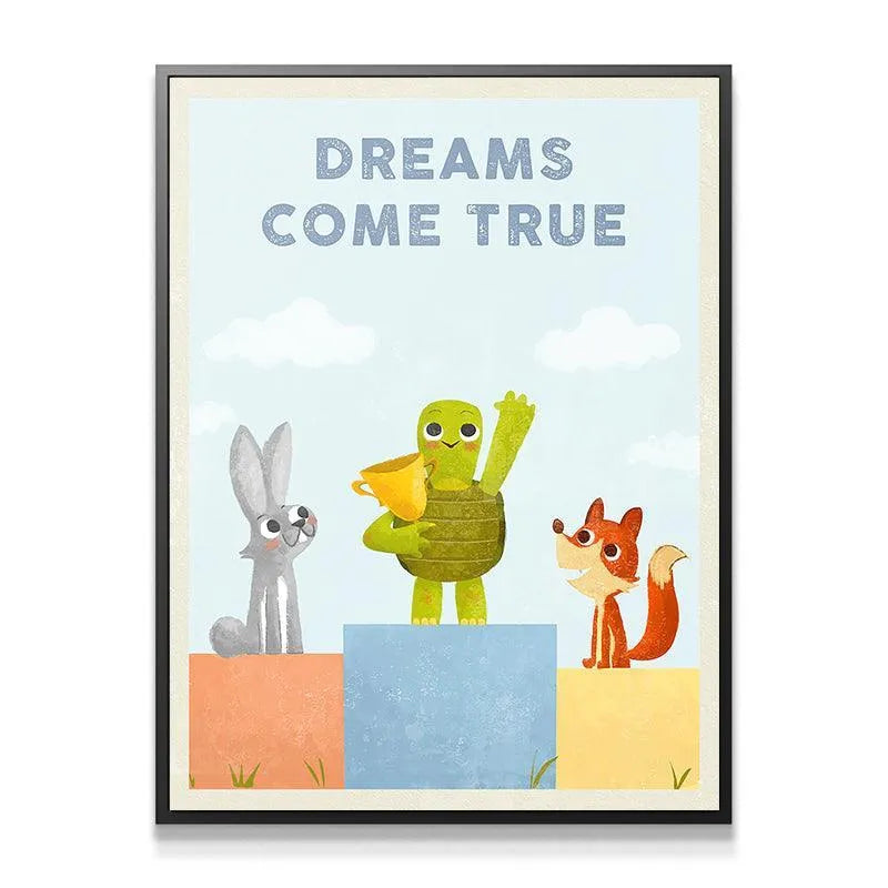 Close-up on the sparkling texture of the 'DREAMS COME TRUE' text beneath the soft blue sky.
