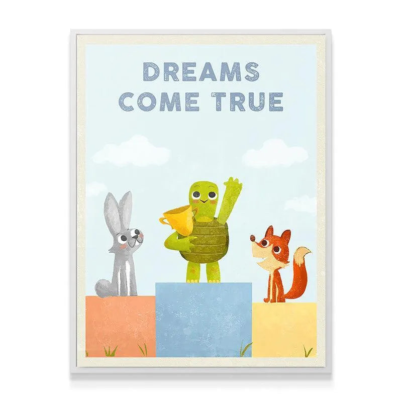 Lifestyle shot of the Kids - Dreams Come True artwork hanging above a child's bed in a playroom.