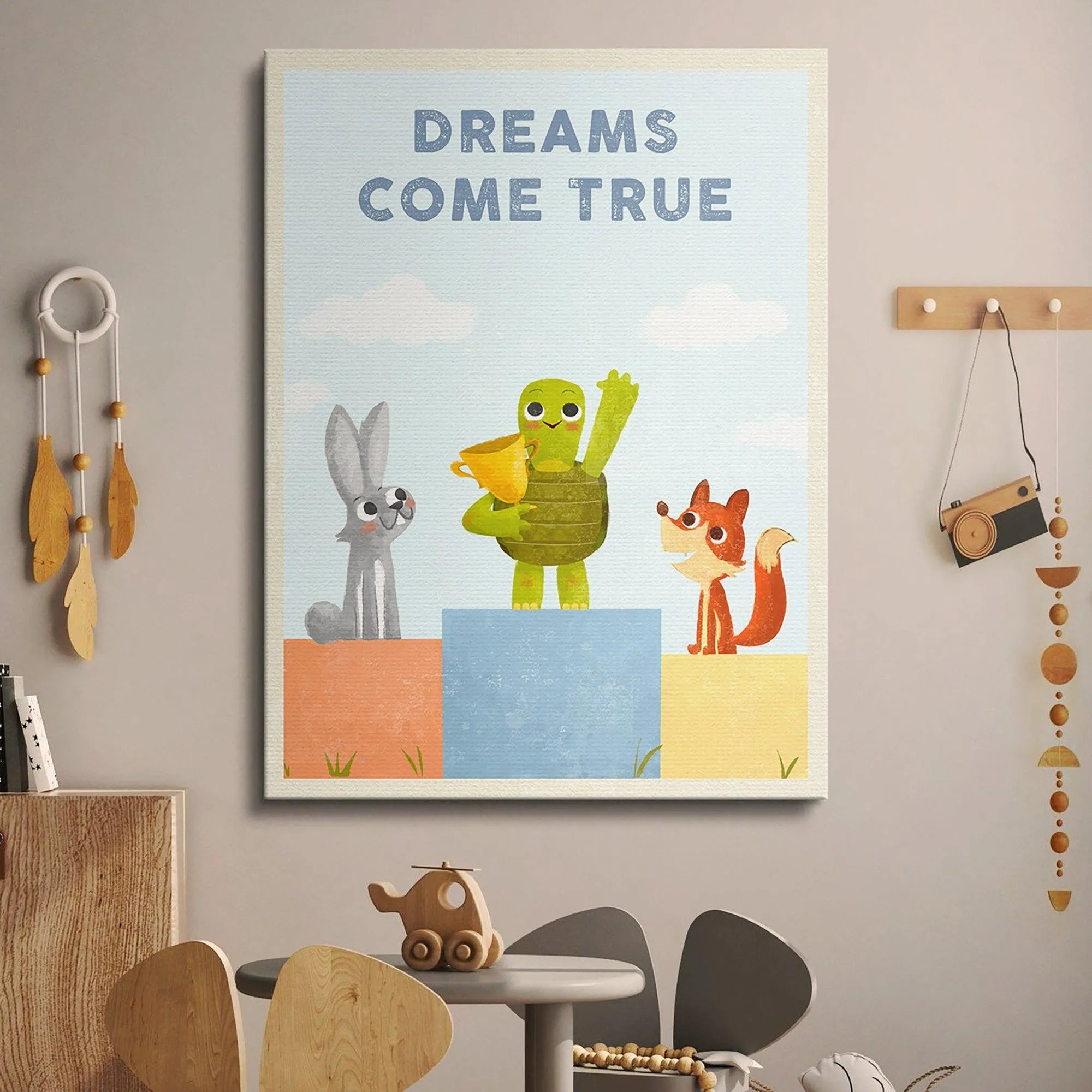 Detailed crop showing the celebratory wave of the tortoise in the center of the Kids - Dreams Come True print.
