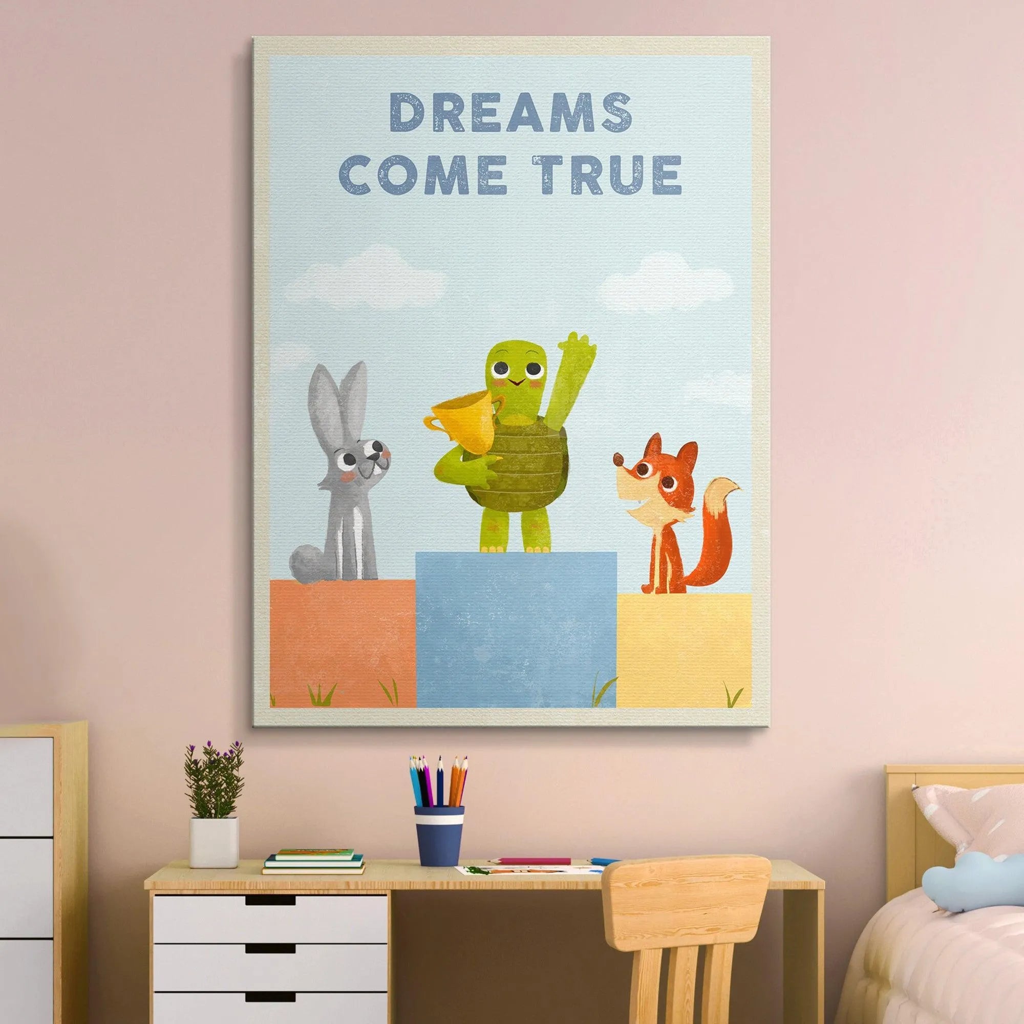 The supporting characters, the fox and the rabbit, standing proudly in the Kids - Dreams Come True competition scene.