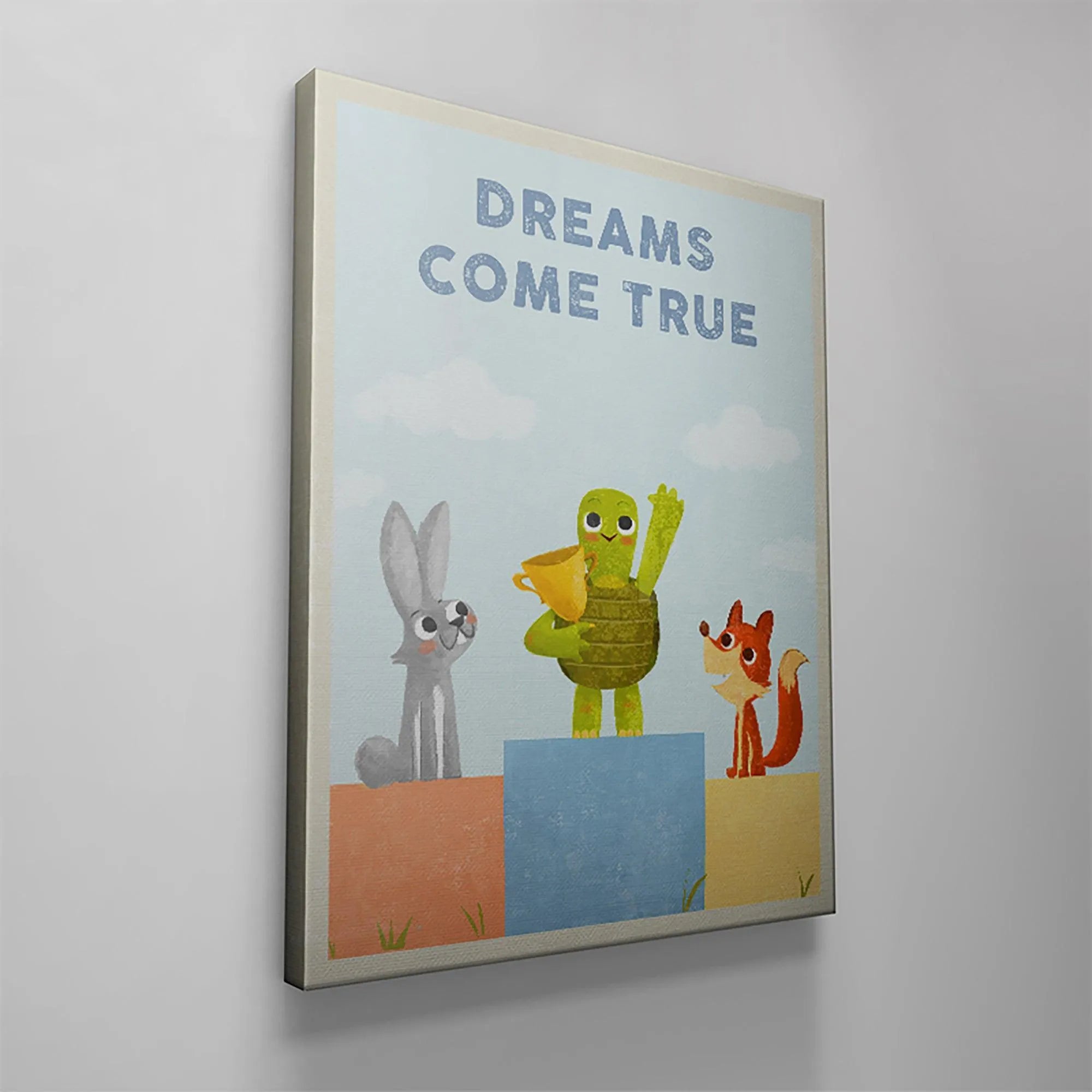 Muted color palette highlighting the orange and blue podium blocks in the Kids - Dreams Come True poster.