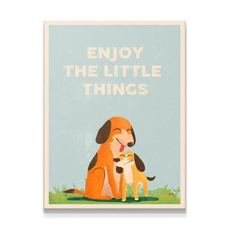 Full vertical view of the smiling mother and puppy dog illustration promoting that Kids Enjoy The Little Things.