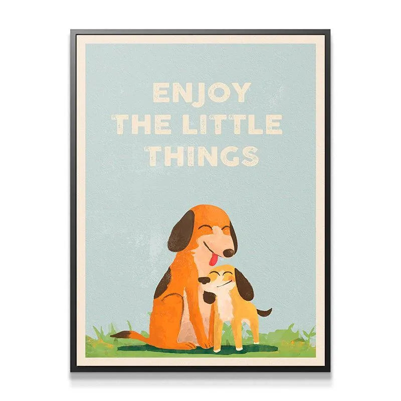 Close-up texture of the vintage-style background paint and cheerful dogs emphasizing that Kids Enjoy The Little Things.