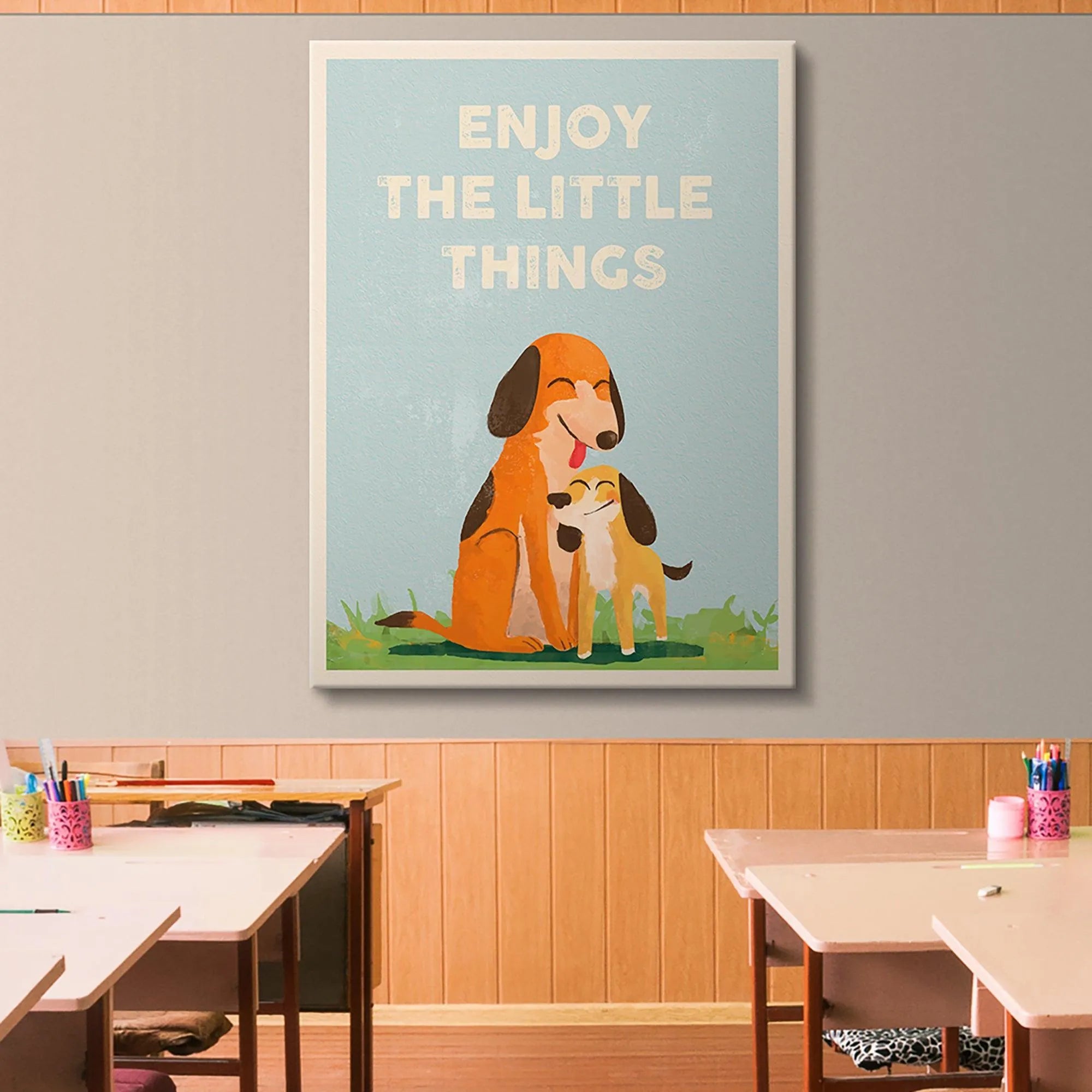 Corner angle of the art print displaying the light blue sky and the playful message: Kids Enjoy The Little Things.