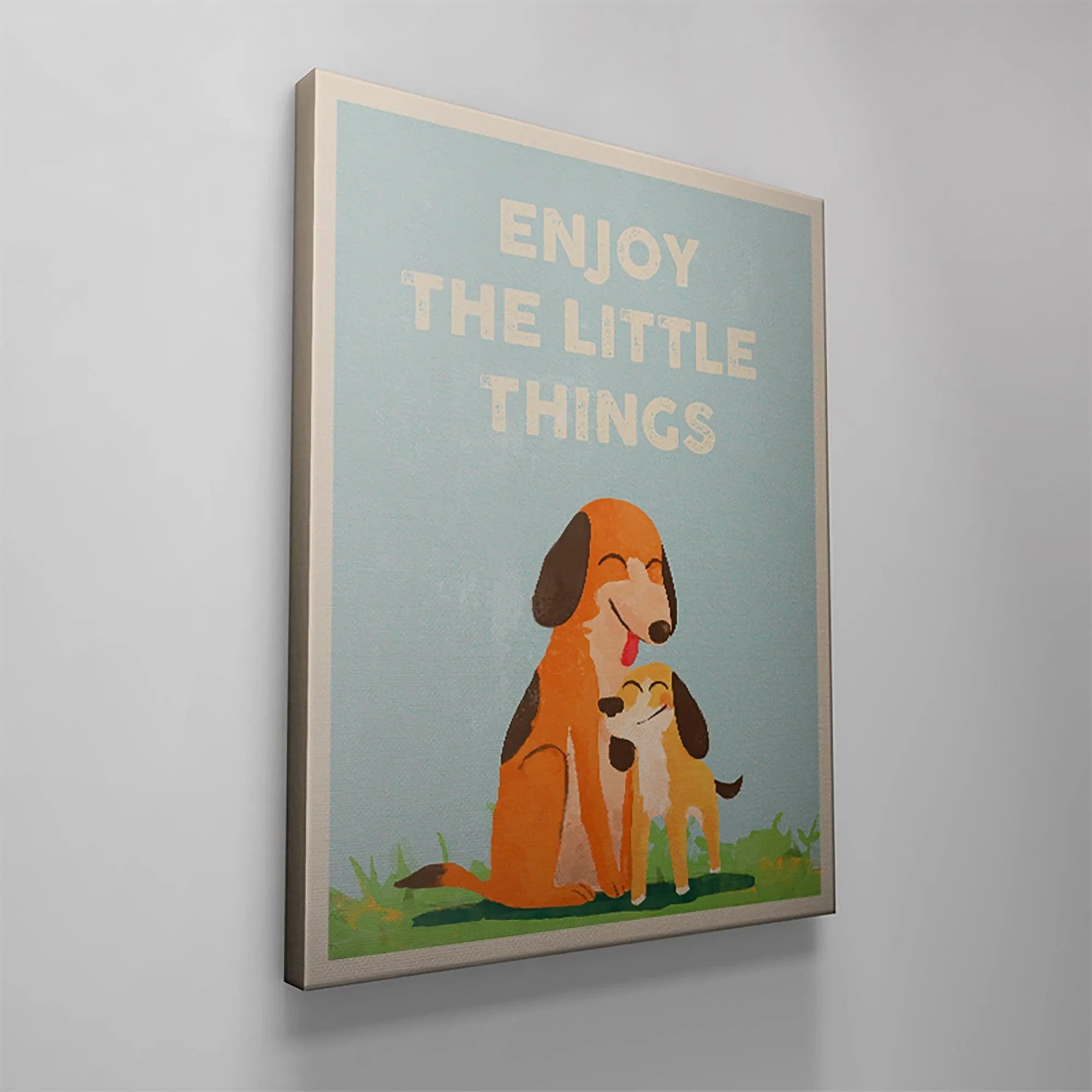 Overhead view of the motivational wall art featuring canine companions and the phrase Kids Enjoy The Little Things.