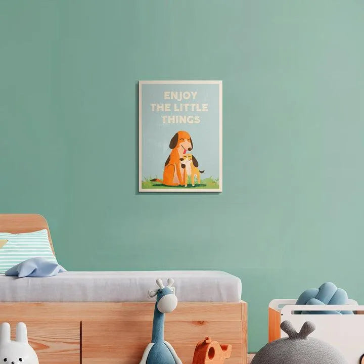 Decorative print for a child's bedroom or classroom, featuring the joyful dogs, reminding everyone that Kids Enjoy The Little Things.