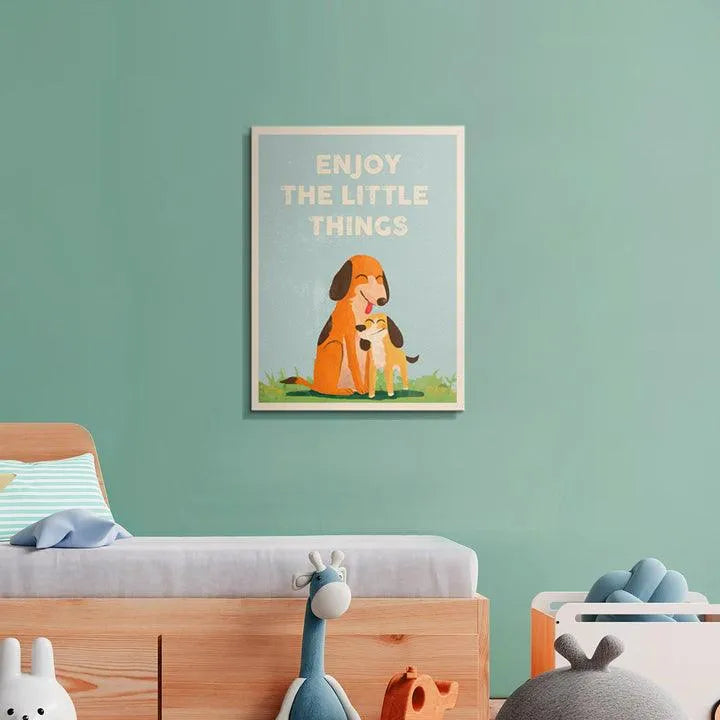 Cropped perspective highlighting the smiling faces and bond between the two dogs captioned Kids Enjoy The Little Things.