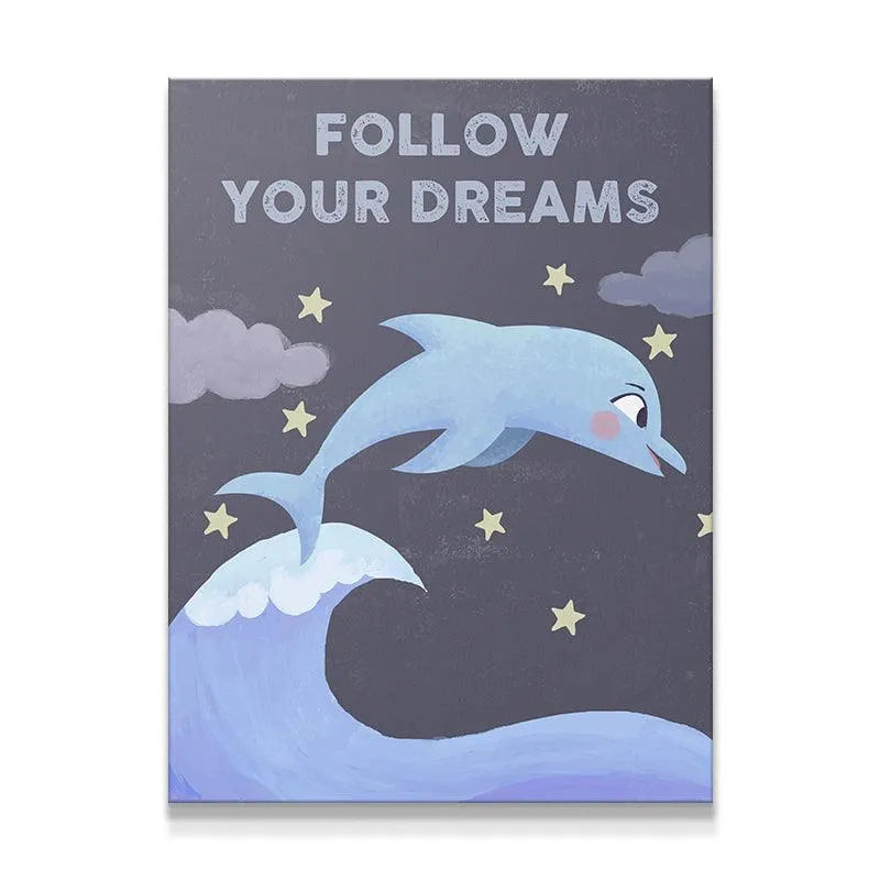 Full view of the motivational Kids - Follow Your Dreams dolphin print centered on a white background, ready to hang.