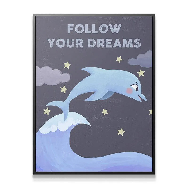 Close-up detail shot focusing on the playful blue dolphin's cheerful face and pink cheek blush in the Kids - Follow Your Dreams artwork.